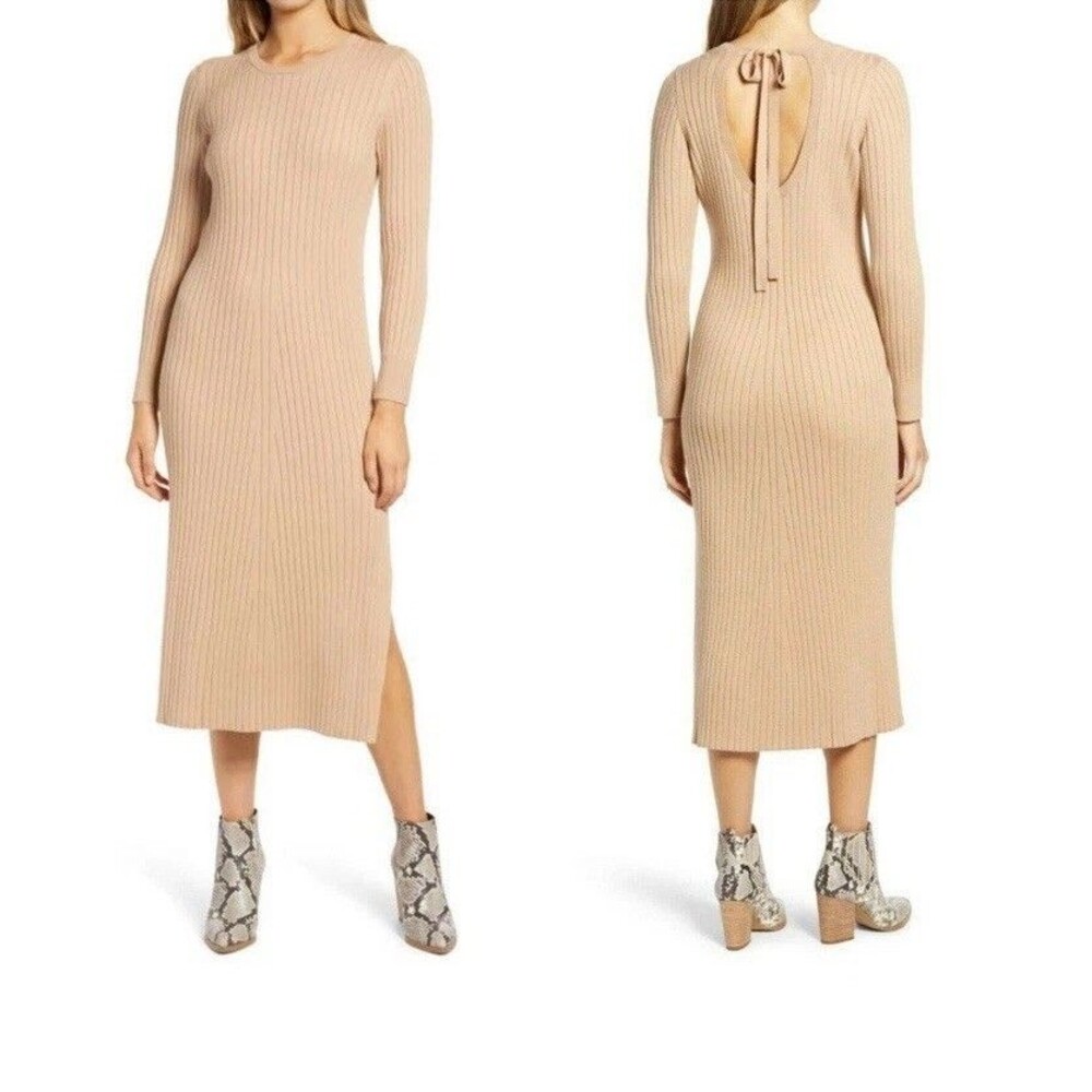 NEW WAYF x BFF Hollie CAMEL LONG SLEEVE Tie Back SWEATER Ribbed MIDI DRESS XS